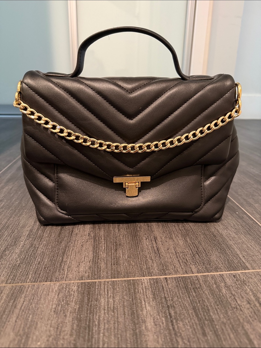 a new day Black Quilted Top-Handle Satchel with Gold Chain and crossbody strap